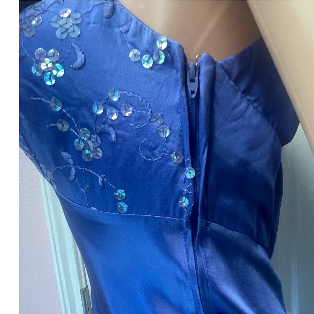 Zum Zum Satin Maxi Dress Blue Sequin Halter Open Back Vintage Y2K Formal 13-14 - Picture 15 of 16